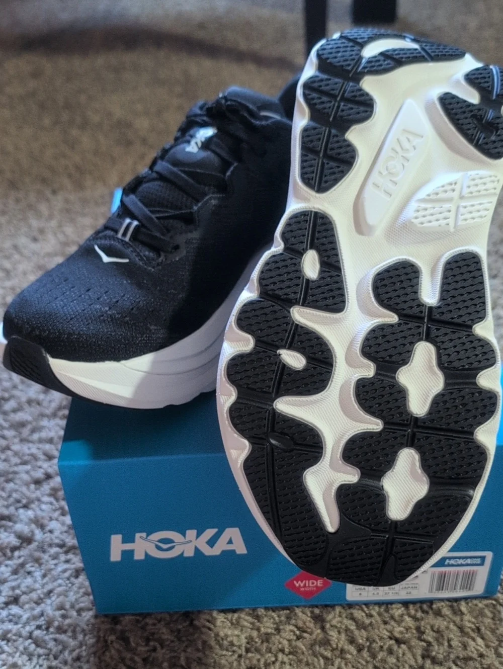 Hoka Women's Black with White Sole Athletic Running Shoes Size 6D (Wide)